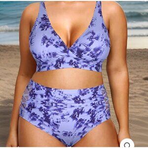 Yonique Swimsuit Women 12 Blue Tie-Dye V-Neck Crossback Strap 2 Piece High Waist